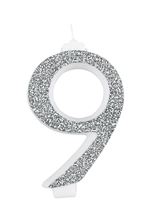 Picture of GIANT GLITTER NUMERAL CANDLE N.9 - SILVER 14CM